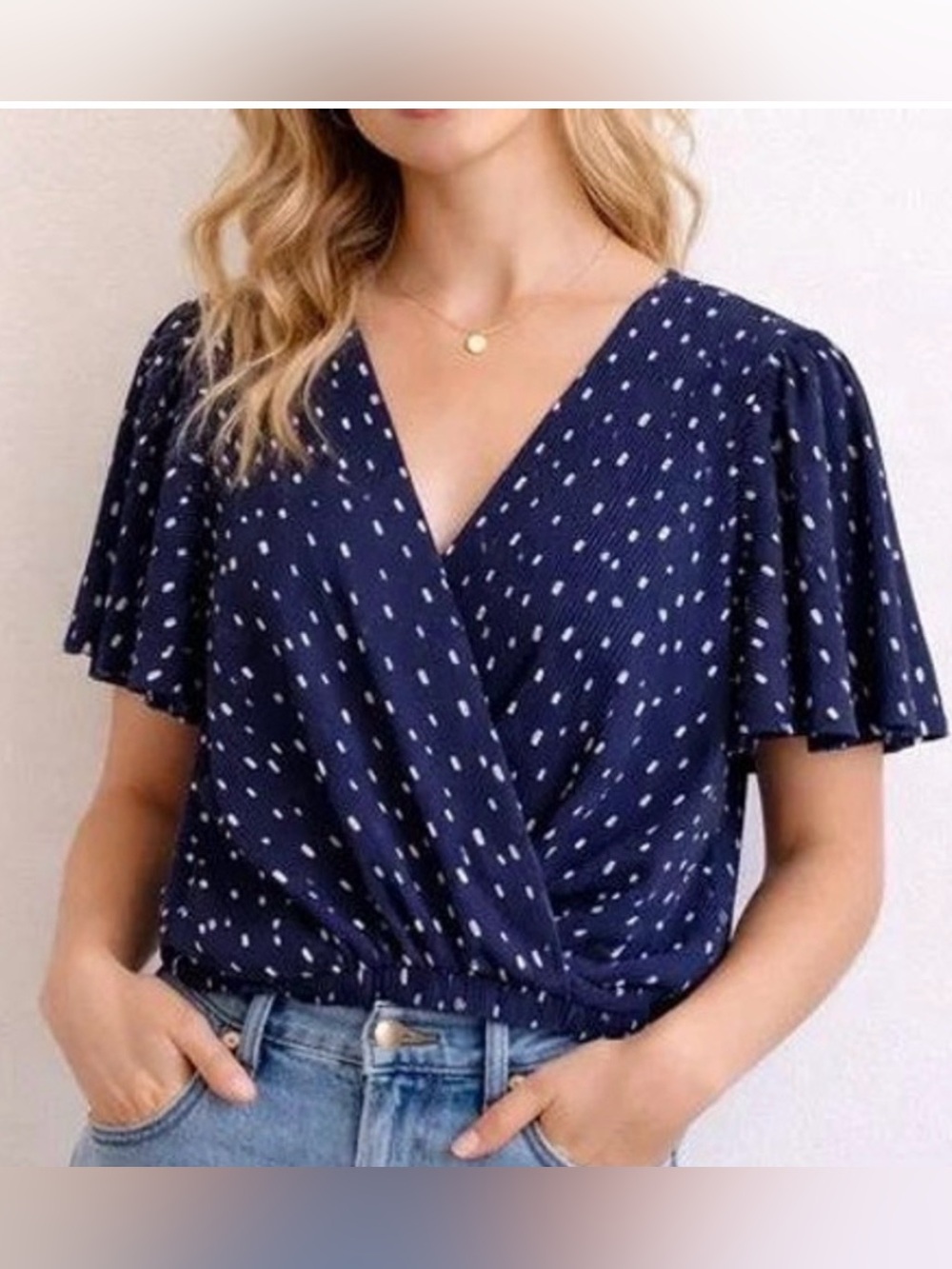 ASTR The Label Plisse Micro Pleated Cropped Navy Blue Polka Dot Blouse